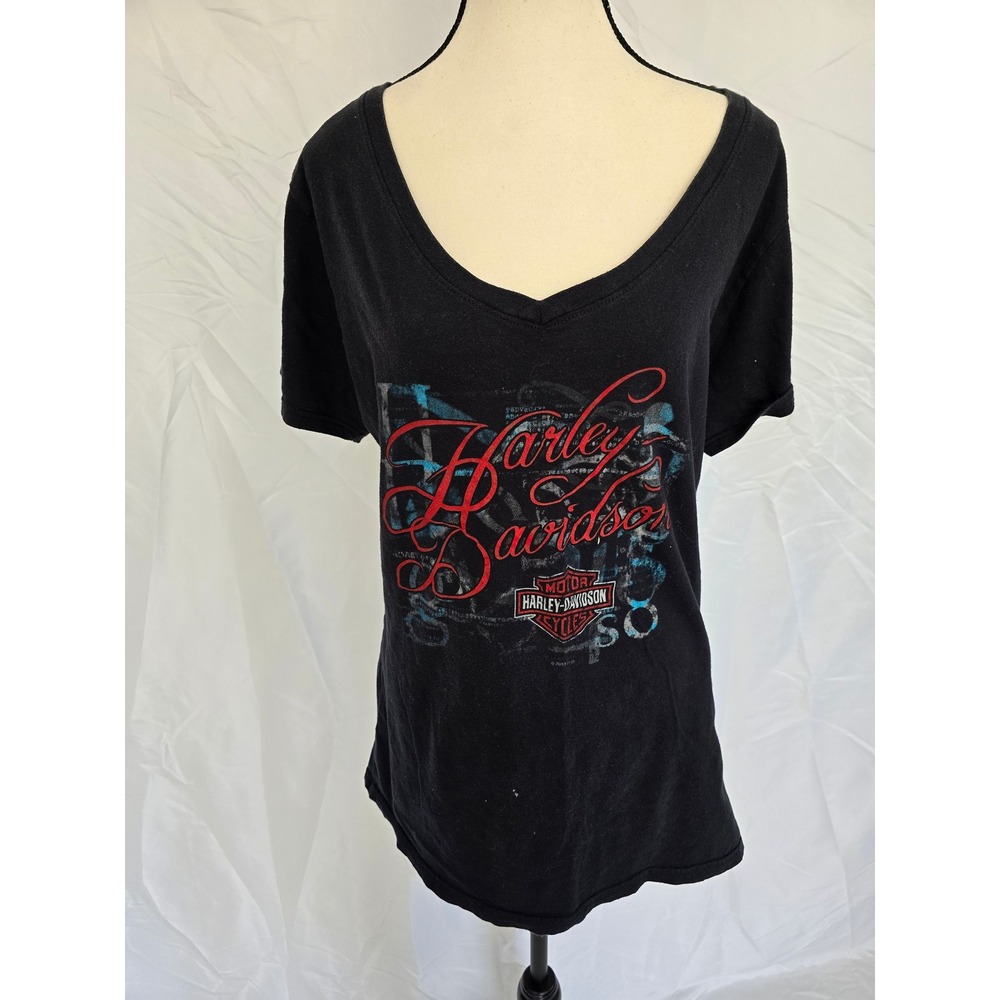 Vintage Harley Davidson Motorcycles Graphic V Neck T Shirt Black XL Rommel